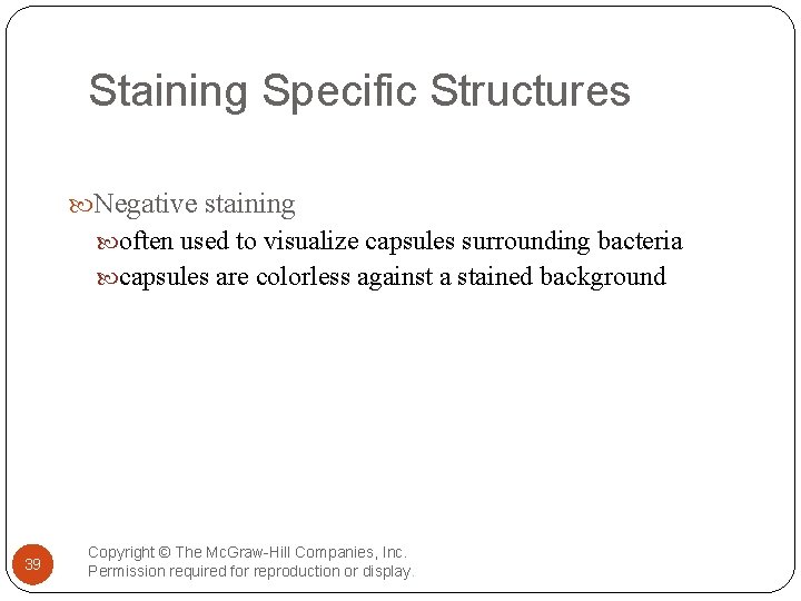 Staining Specific Structures Negative staining often used to visualize capsules surrounding bacteria capsules are