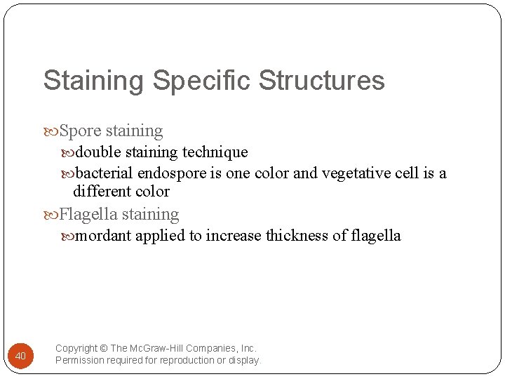 Staining Specific Structures Spore staining double staining technique bacterial endospore is one color and