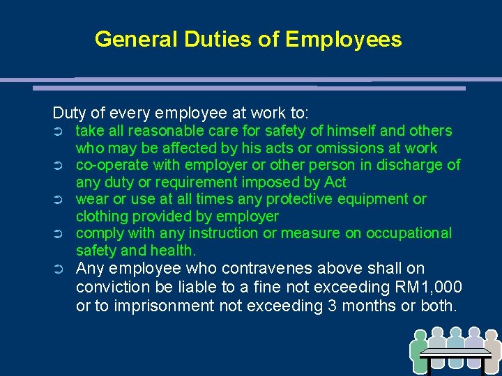 General Duties of Employees Duty of every employee at work to: ➲ ➲ ➲