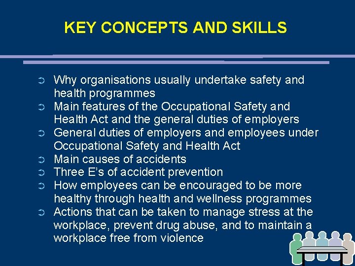KEY CONCEPTS AND SKILLS ➲ ➲ ➲ ➲ Why organisations usually undertake safety and