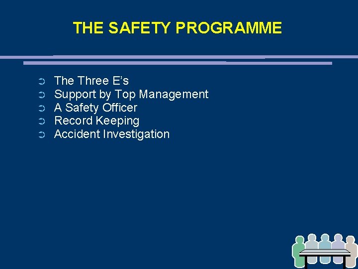 THE SAFETY PROGRAMME ➲ ➲ ➲ The Three E’s Support by Top Management A