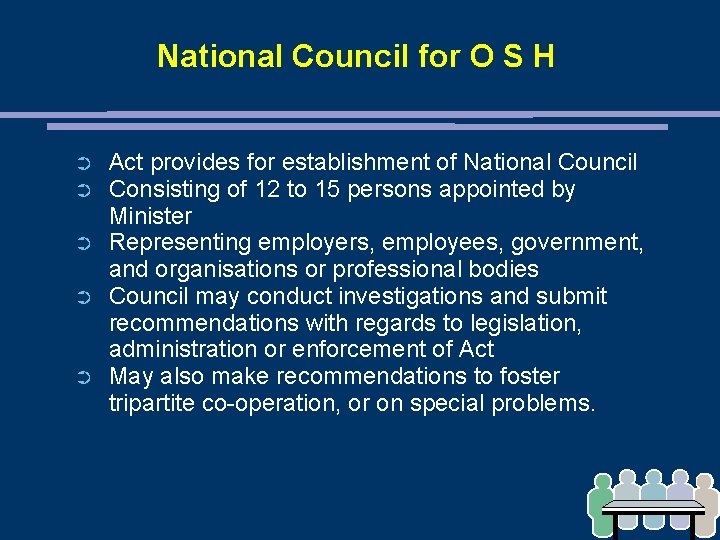 National Council for O S H ➲ ➲ ➲ Act provides for establishment of
