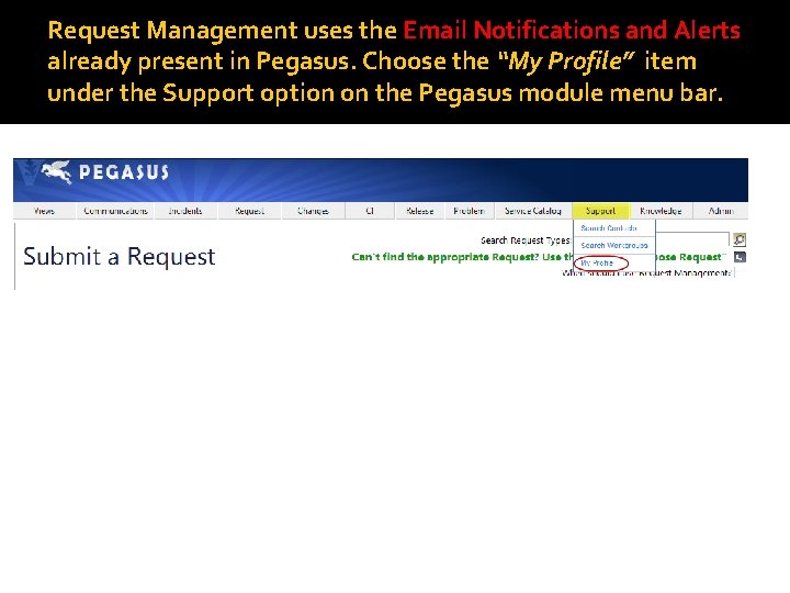 Request Management uses the Email Notifications and Alerts already present in Pegasus. Choose the