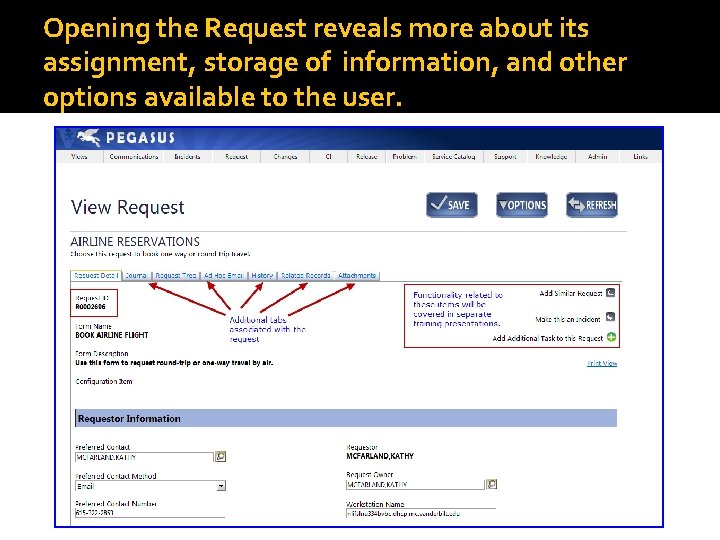 Opening the Request reveals more about its assignment, storage of information, and other options