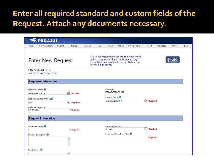 Enter all required standard and custom fields of the Request. Attach any documents necessary.