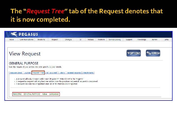 The “Request Tree” tab of the Request denotes that it is now completed. 