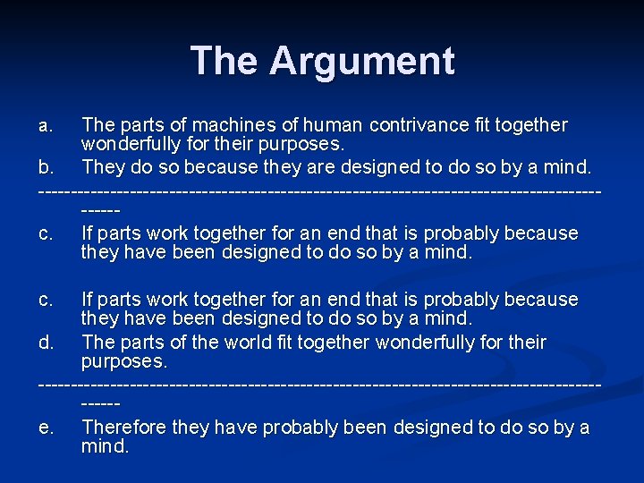 The Argument The parts of machines of human contrivance fit together wonderfully for their