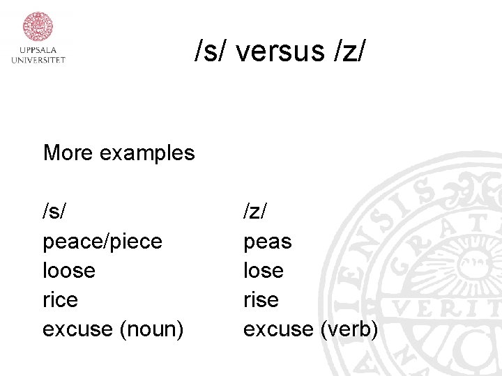 /s/ versus /z/ More examples /s/ peace/piece loose rice excuse (noun) /z/ peas lose /s/ versus /z/ More examples /s/ peace/piece loose rice excuse (noun) /z/ peas lose