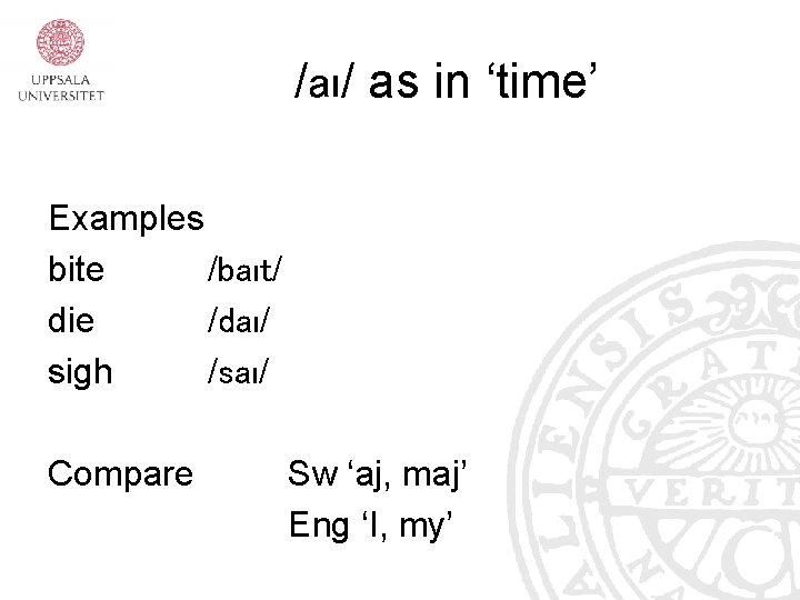 /aı/ as in ‘time’ Examples bite /baıt/ die /daı/ sigh /saı/ Compare Sw ‘aj, /aı/ as in ‘time’ Examples bite /baıt/ die /daı/ sigh /saı/ Compare Sw ‘aj,