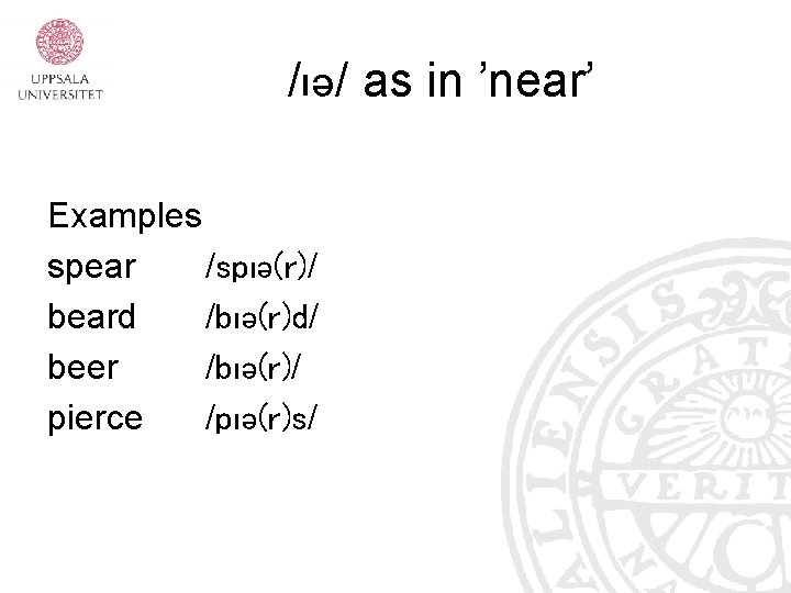 /ıə/ as in ’near’ Examples spear /spıə(r)/ beard /bıə(r)d/ beer /bıə(r)/ pierce /pıə(r)s/ /ıə/ as in ’near’ Examples spear /spıə(r)/ beard /bıə(r)d/ beer /bıə(r)/ pierce /pıə(r)s/