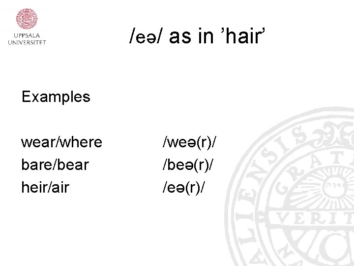 /eə/ as in ’hair’ Examples wear/where bare/bear heir/air /weə(r)/ /beə(r)/ /eə(r)/ /eə/ as in ’hair’ Examples wear/where bare/bear heir/air /weə(r)/ /beə(r)/ /eə(r)/