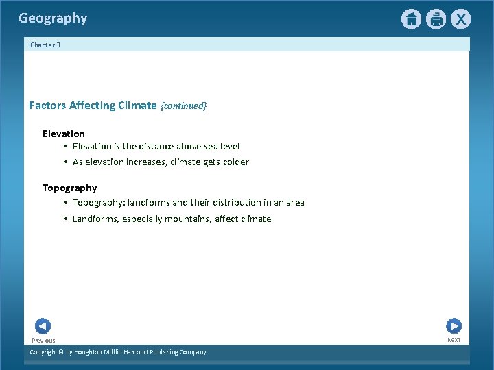 Geography Chapter 3 Factors Affecting Climate {continued} Elevation • Elevation is the distance above Geography Chapter 3 Factors Affecting Climate {continued} Elevation • Elevation is the distance above
