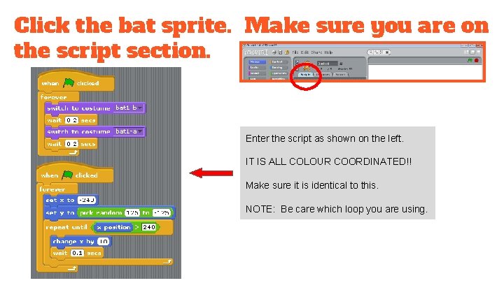 Click the bat sprite. Make sure you are on the script section. Enter the