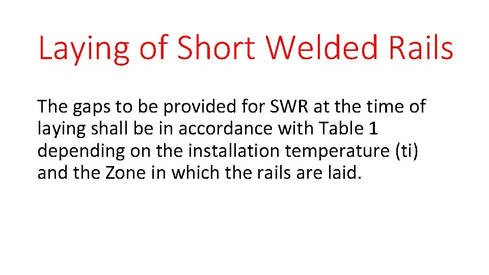 Laying of Short Welded Rails The gaps to be provided for SWR at the