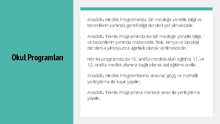 Anadolu Meslek Programında, bir mesleğe yönelik bilgi ve becerilerin yanında genel bilgi dersleri yer