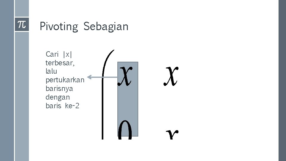 Pivoting Sebagian Cari |x| terbesar, lalu pertukarkan barisnya dengan baris ke-2 