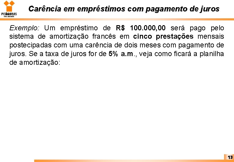 Carência em empréstimos com pagamento de juros Exemplo: Um empréstimo de R$ 100. 000,