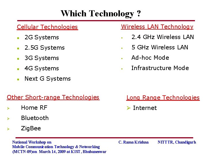 Which Technology ? Cellular Technologies Wireless LAN Technology n 2 G Systems • 2.