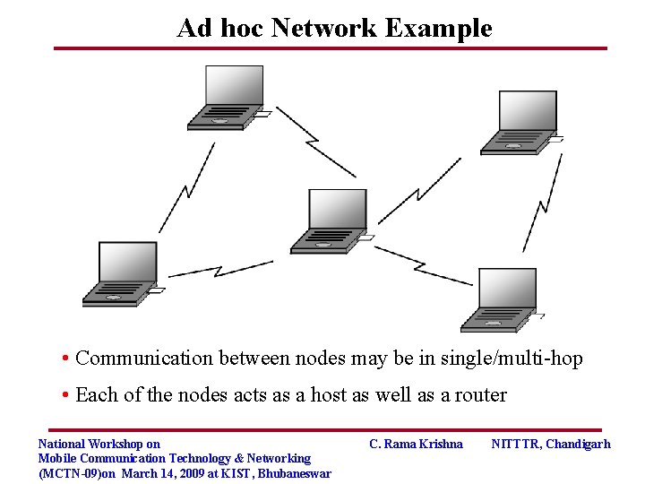 Ad hoc Network Example • Communication between nodes may be in single/multi-hop • Each