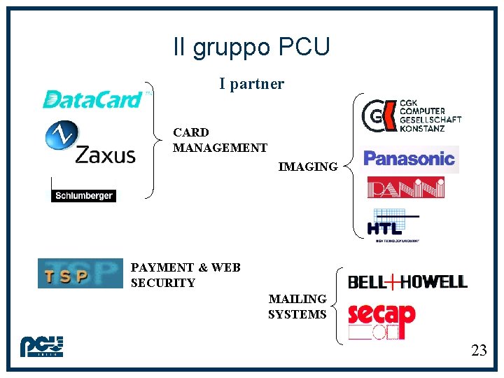 Il gruppo PCU I partner CARD MANAGEMENT IMAGING PAYMENT & WEB SECURITY MAILING SYSTEMS