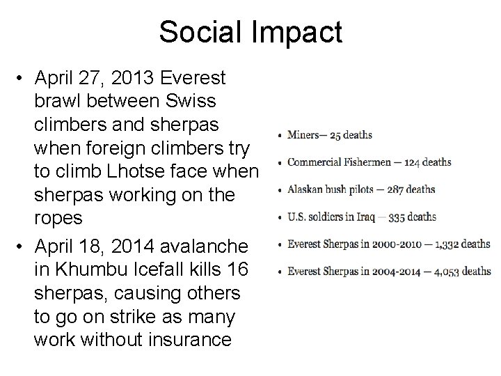 Social Impact • April 27, 2013 Everest brawl between Swiss climbers and sherpas when