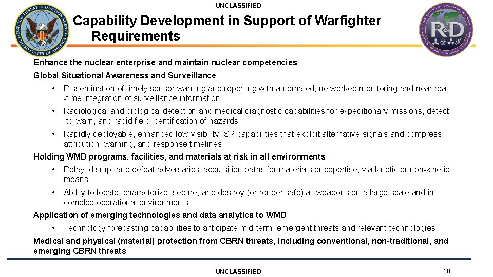 UNCLASSIFIED Capability Development in Support of Warfighter Requirements Enhance the nuclear enterprise and maintain