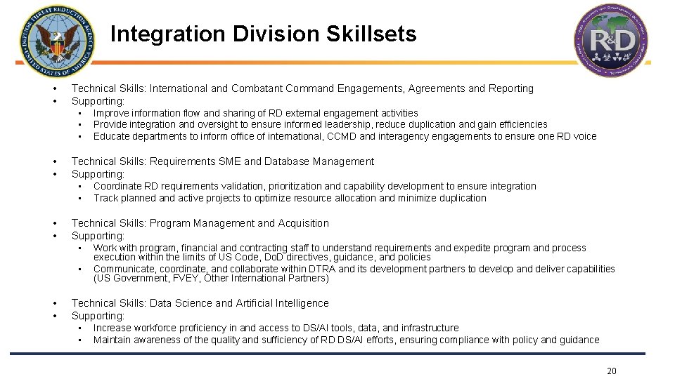 Integration Division Skillsets • • Technical Skills: International and Combatant Command Engagements, Agreements and
