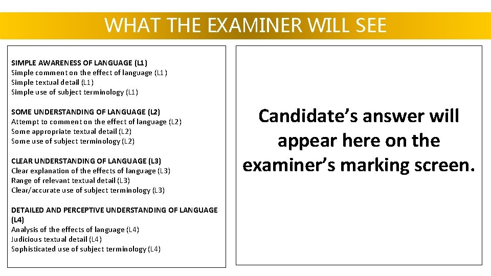 WHAT THE EXAMINER WILL SEE SIMPLE AWARENESS OF LANGUAGE (L 1) Simple comment on