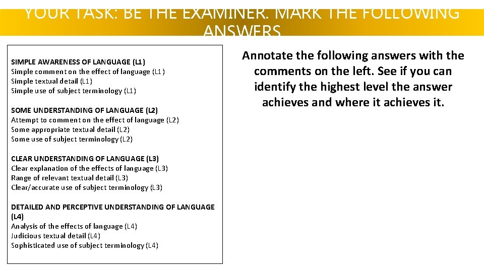 YOUR TASK: BE THE EXAMINER. MARK THE FOLLOWING ANSWERS SIMPLE AWARENESS OF LANGUAGE (L