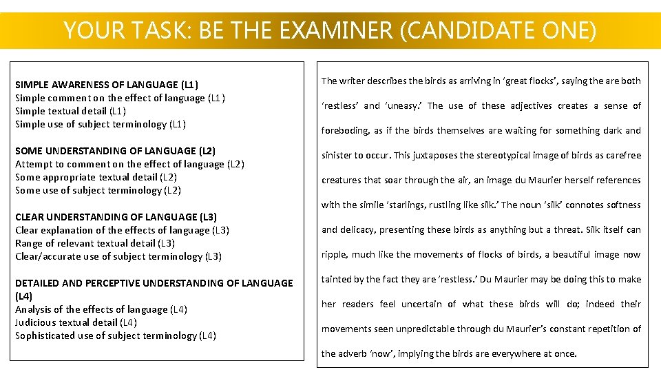 YOUR TASK: BE THE EXAMINER (CANDIDATE ONE) SIMPLE AWARENESS OF LANGUAGE (L 1) Simple