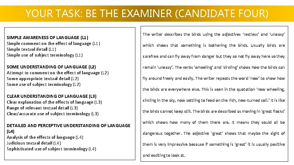 YOUR TASK: BE THE EXAMINER (CANDIDATE FOUR) SIMPLE AWARENESS OF LANGUAGE (L 1) Simple