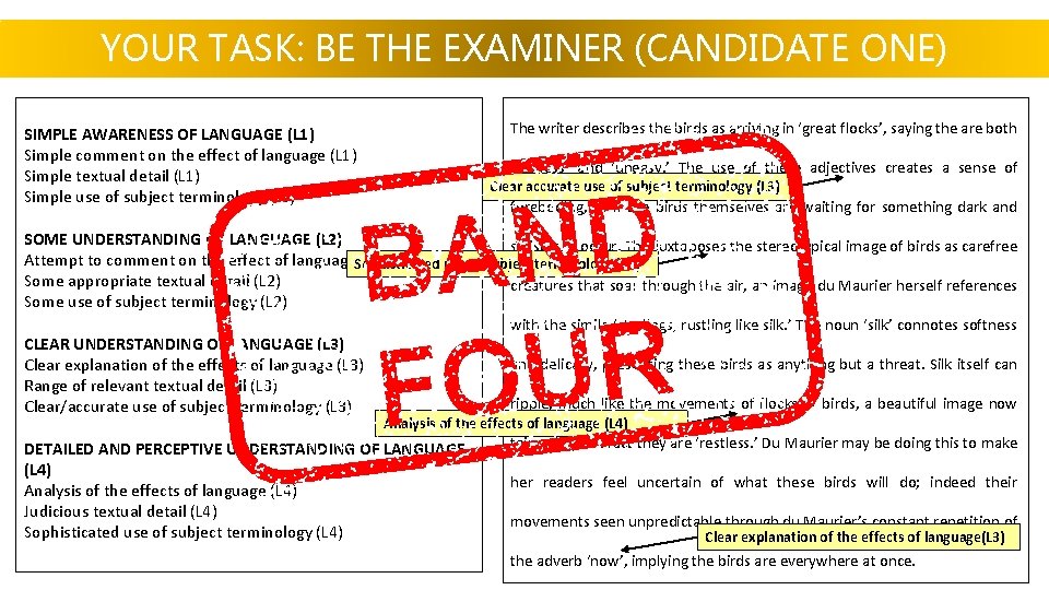 YOUR TASK: BE THE EXAMINER (CANDIDATE ONE) SIMPLE AWARENESS OF LANGUAGE (L 1) Simple