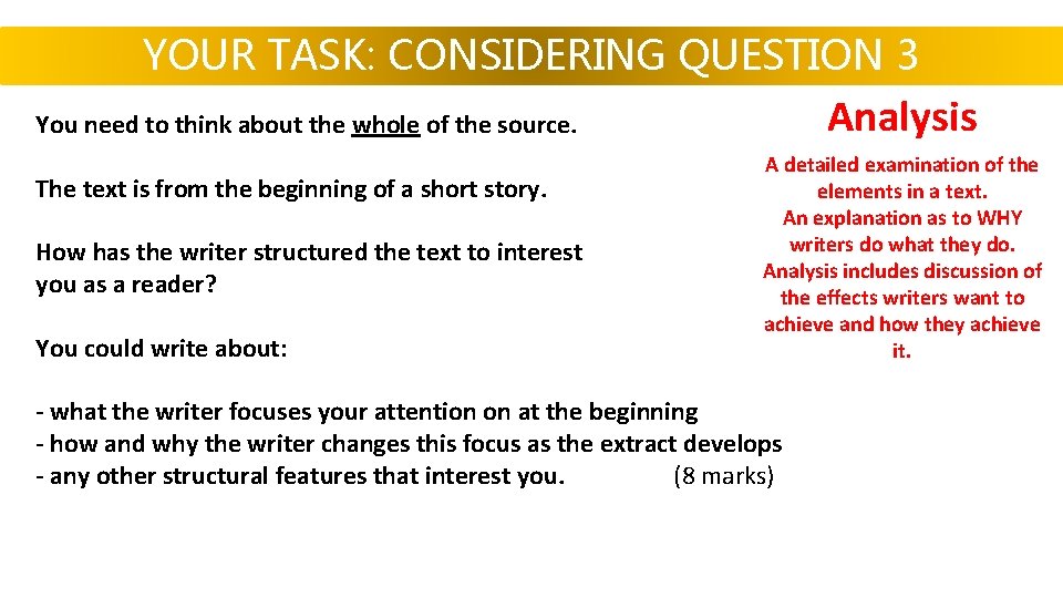 YOUR TASK: CONSIDERING QUESTION 3 Analysis You need to think about the whole of