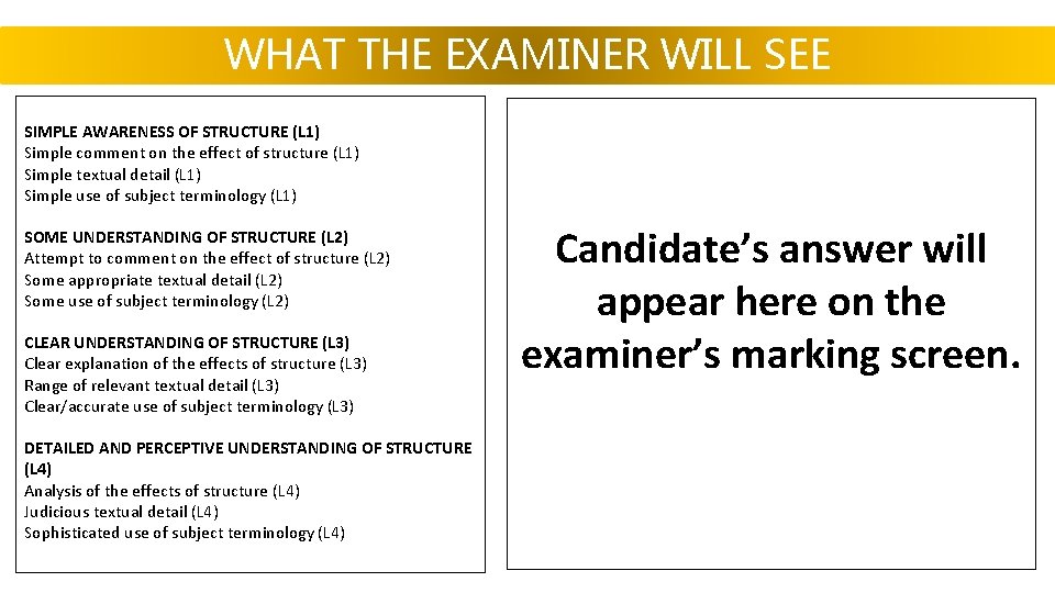 WHAT THE EXAMINER WILL SEE SIMPLE AWARENESS OF STRUCTURE (L 1) Simple comment on