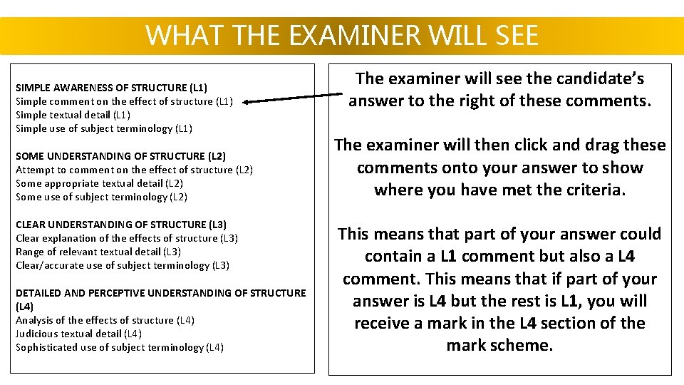 WHAT THE EXAMINER WILL SEE SIMPLE AWARENESS OF STRUCTURE (L 1) Simple comment on