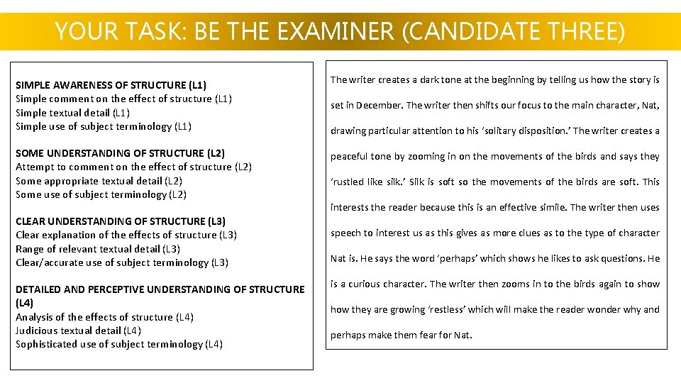 YOUR TASK: BE THE EXAMINER (CANDIDATE THREE) SIMPLE AWARENESS OF STRUCTURE (L 1) Simple