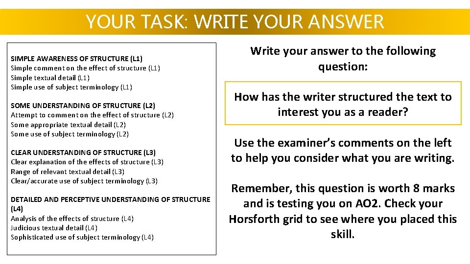 YOUR TASK: WRITE YOUR ANSWER SIMPLE AWARENESS OF STRUCTURE (L 1) Simple comment on