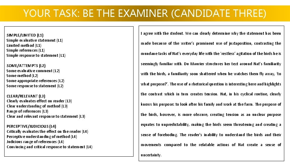 YOUR TASK: BE THE EXAMINER (CANDIDATE THREE) SIMPLE/LIMITED (L 1) Simple evaluative statement (L