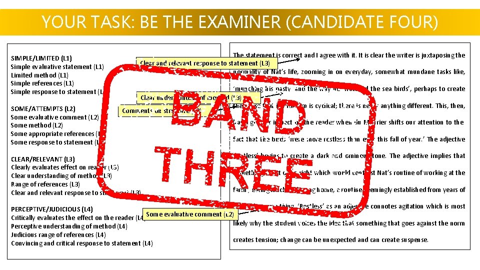 YOUR TASK: BE THE EXAMINER (CANDIDATE FOUR) SIMPLE/LIMITED (L 1) Simple evaluative statement (L