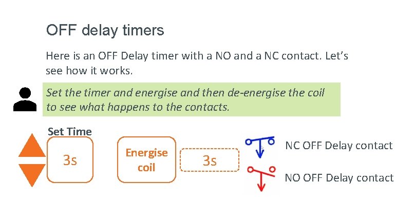 OFF delay timers Here is an OFF Delay timer with a NO and a