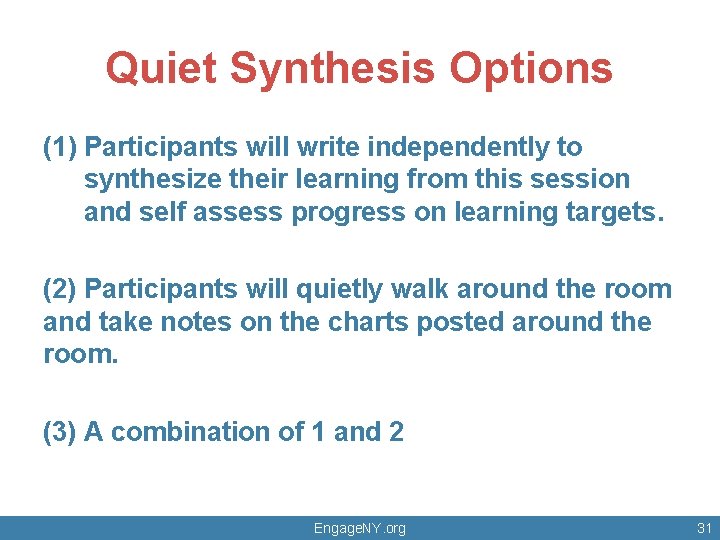 Quiet Synthesis Options (1) Participants will write independently to synthesize their learning from this