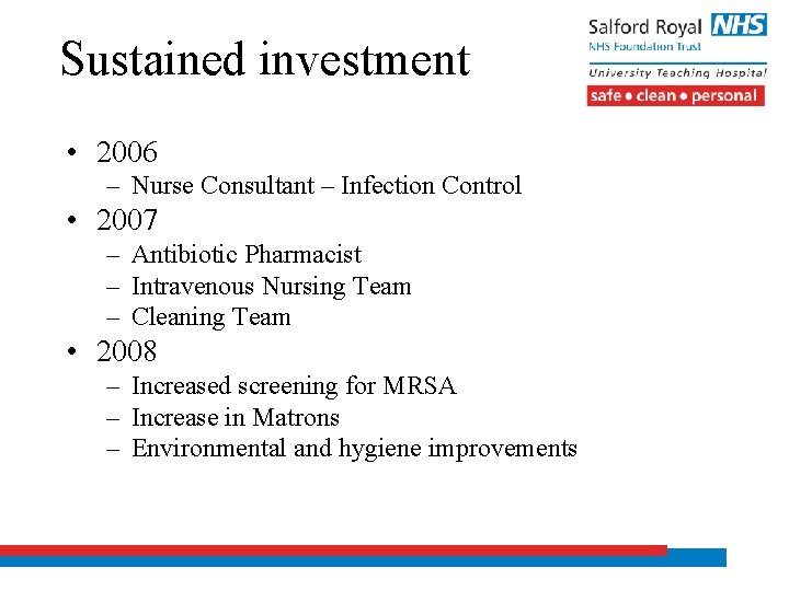 Sustained investment • 2006 – Nurse Consultant – Infection Control • 2007 – Antibiotic