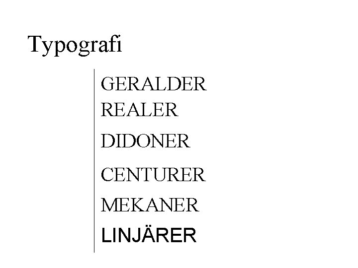 Typografi GERALDER REALER DIDONER CENTURER MEKANER LINJÄRER 