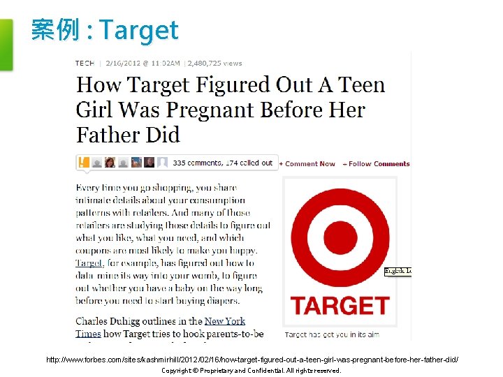 案例 : Target http: //www. forbes. com/sites/kashmirhill/2012/02/16/how-target-figured-out-a-teen-girl-was-pregnant-before-her-father-did/ Copyright © Proprietary and Confidential. All rights