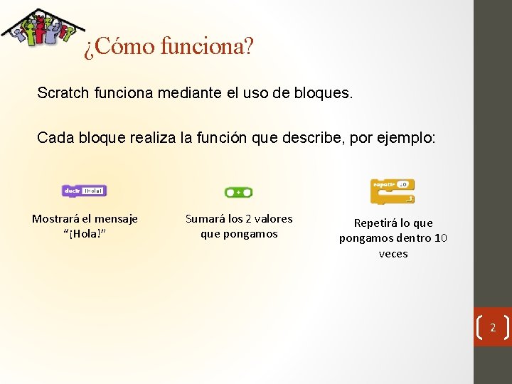 ¿Cómo funciona? Scratch funciona mediante el uso de bloques. Cada bloque realiza la función