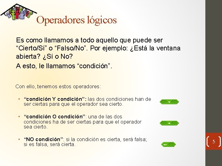 Operadores lógicos Es como llamamos a todo aquello que puede ser “Cierto/Sí” o “Falso/No”.