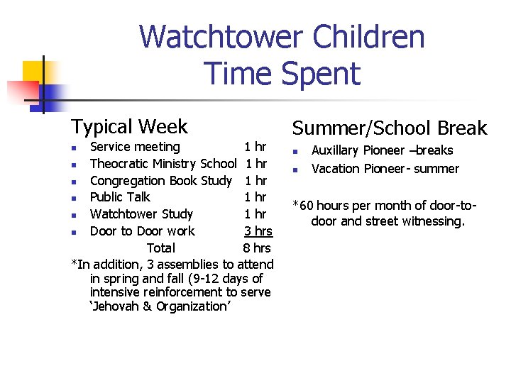 Watchtower Children Time Spent Typical Week Service meeting 1 hr n Theocratic Ministry School