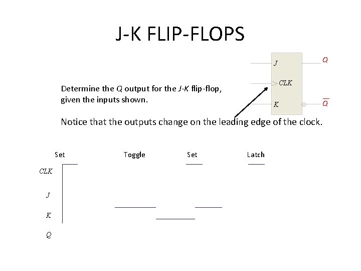 J-K FLIP-FLOPS Q J CLK Determine the Q output for the J-K flip-flop, given