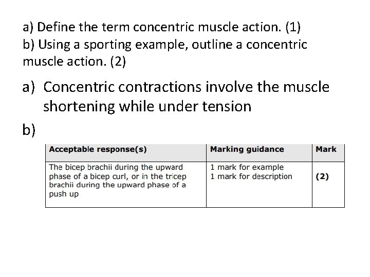 a) Define the term concentric muscle action. (1) b) Using a sporting example, outline a) Define the term concentric muscle action. (1) b) Using a sporting example, outline