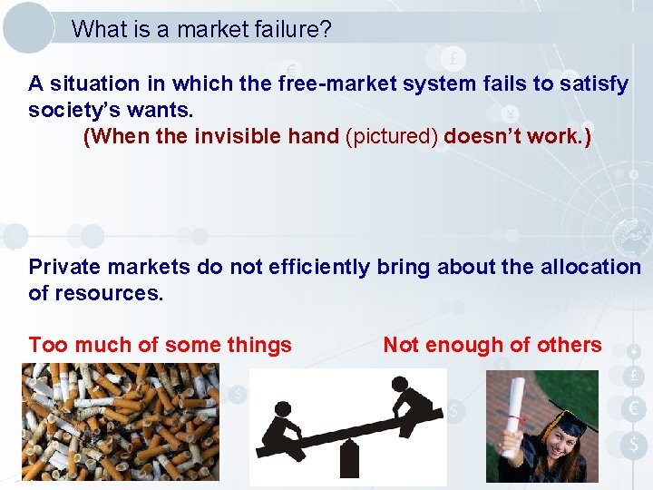 What is a market failure? A situation in which the free-market system fails to